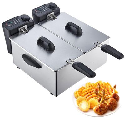 XARONF Stainless Steel Deep Fat Fryers Cool Touch Handle Housing Kitchen Countertop with Lids and Oil Basketes & Temperature Control for French Fries Fried Chicken Donuts (Color : Steel, Size : 7L)