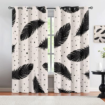 Abstract Black Feather Art Blackout Curtains, European Bohemian Polka Dots Printed Curtains, Thermal Insulated Drapes Darkening Window Curtain, for Bedroom Living Room Kitchen Hotel 52"W x 90"L