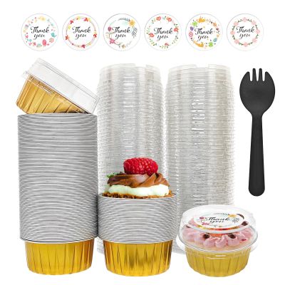 100 PCS Aluminium Foil Baking Cups, Mini Cake Pans with Lids and 100 PCS Spoons, 5 oz Disposable Baking Cups Foil Ramekins For Party Birthday Wedding Valentines (Gold)