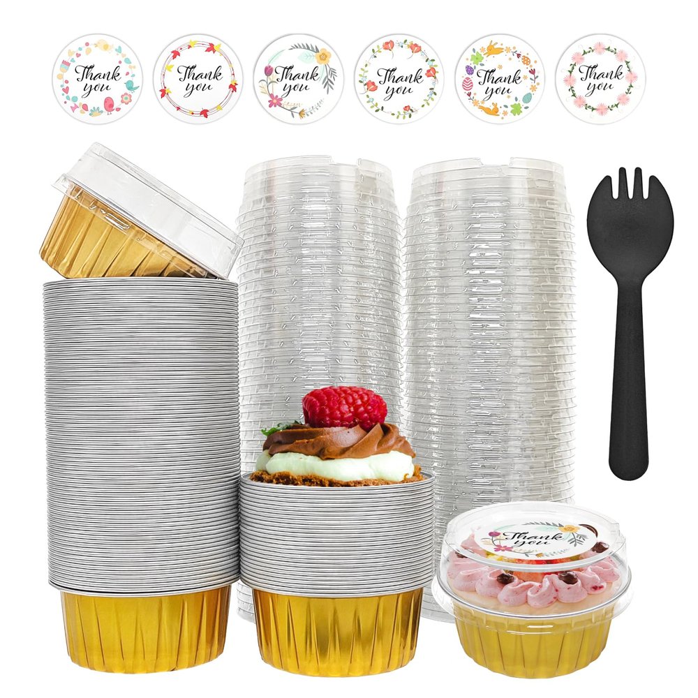 100 PCS Aluminium Foil Baking Cups, Mini Cake Pans with Lids and 100 PCS Spoons, 5 oz Disposable Baking Cups Foil Ramekins For Party Birthday Wedding Valentines (Gold)