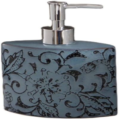 GRDDBZA Art Soap Dispenser for Bathroom Kitchen Hotel, Dishwashing Soap Dispenser, Blue Retro Flower Carving Ceramics Lotion Bottle Bathroom Refillable Hand Soap Dispenser with Silver Pump