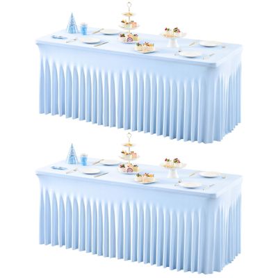 2 Packs Baby Blue Table Clothes for 4 Foot Rectangle Tables, One-Piece Wrinkle Resistant Stretch Spandex Table Covers with Skirt for Event Banquet Wedding Birthday Party