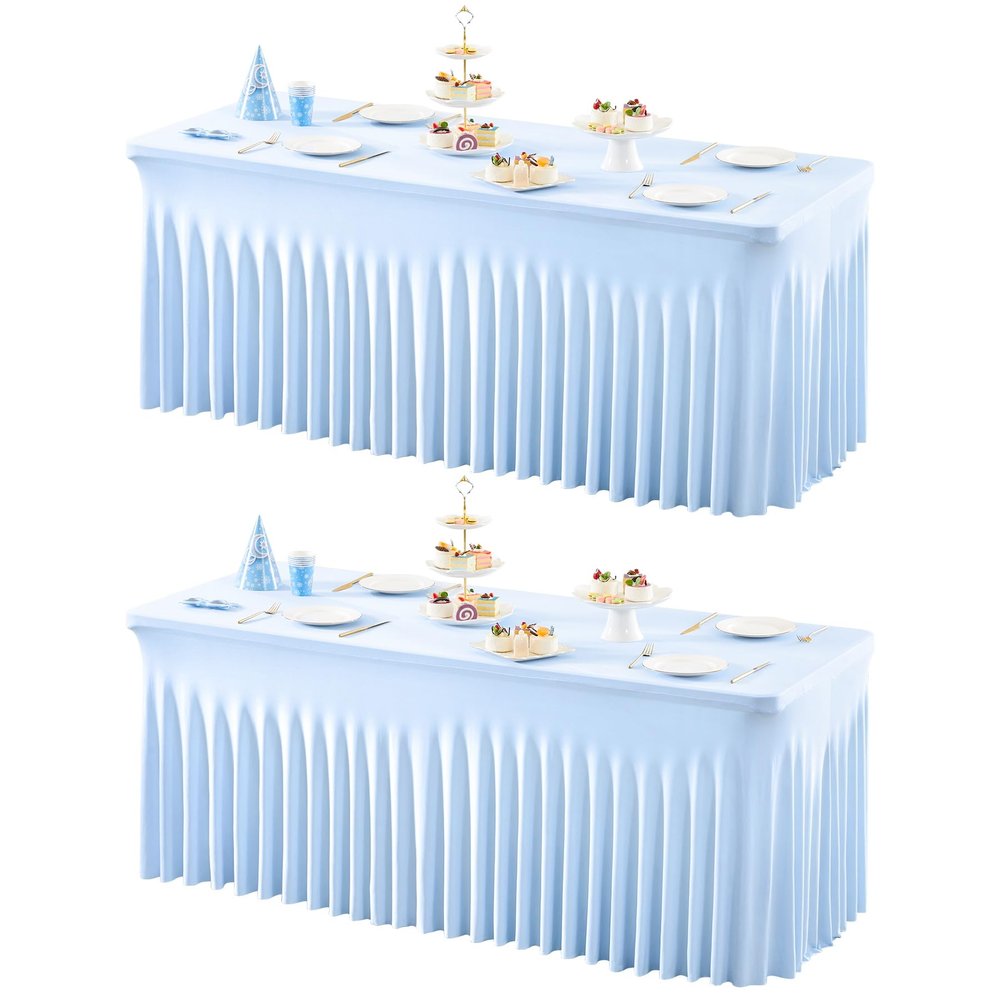 2 Packs Baby Blue Table Clothes for 4 Foot Rectangle Tables, One-Piece Wrinkle Resistant Stretch Spandex Table Covers with Skirt for Event Banquet Wedding Birthday Party
