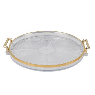BEIJIALY Round Serving Tray, Round Tray with Gold Handle, Round Serving Platters Multi Functional Golden Rim Serving Tray, Decorative Plastic Serving Tray for Fruit Desserts(Transparent)