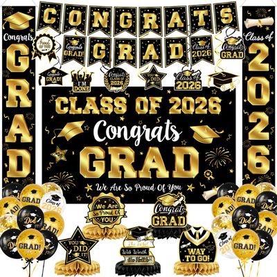2026 Graduation Decorations - Black and Gold Graduation Decorations Set Congrats Grad Banner & Backdrop, Porch Sign, Hanging Swirls, Balloons, Honeycomb Centerpieces for Congrats Grad Party Decorations