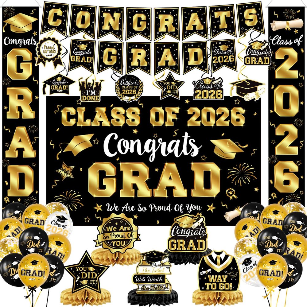 2026 Graduation Decorations - Black and Gold Graduation Decorations Set Congrats Grad Banner & Backdrop, Porch Sign, Hanging Swirls, Balloons, Honeycomb Centerpieces for Congrats Grad Party Decorations