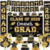 2026 Graduation Decorations - Black and Gold Graduation Decorations Set Congrats Grad Banner & Backdrop, Porch Sign, Hanging Swirls, Balloons, Honeycomb Centerpieces for Congrats Grad Party Decorations view 1