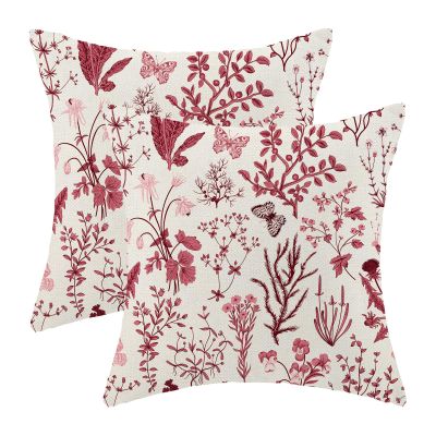 Christmas Pillow Covers 18x18 Inch Set of 2,Burgundy Red Wild Flower Plant Throw Pillows Case,Seasonal Floral Outdoor Decorative Square Linen Farmhouse Decor Cushion Covers for Home Sofa bed Couch