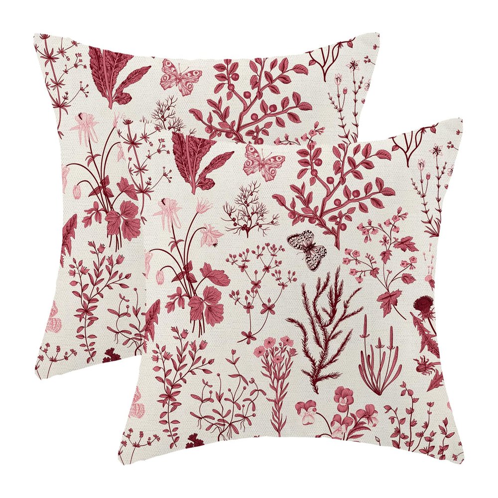 Christmas Pillow Covers 18x18 Inch Set of 2,Burgundy Red Wild Flower Plant Throw Pillows Case,Seasonal Floral Outdoor Decorative Square Linen Farmhouse Decor Cushion Covers for Home Sofa bed Couch
