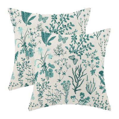 AEIOAE Summer Pillow Covers 20x20 Inch Set of 2,Teal Green Wild Flower Plant Throw Pillows Case,Seasonal Floral Outdoor Decorative Square Linen Farmhouse Decor Cushion Covers for Home Sofa Bed Couch