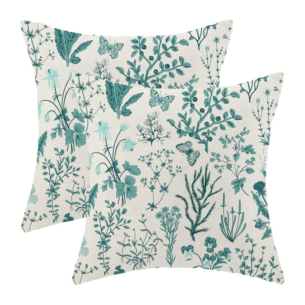 AEIOAE Summer Pillow Covers 20x20 Inch Set of 2,Teal Green Wild Flower Plant Throw Pillows Case,Seasonal Floral Outdoor Decorative Square Linen Farmhouse Decor Cushion Covers for Home Sofa Bed Couch