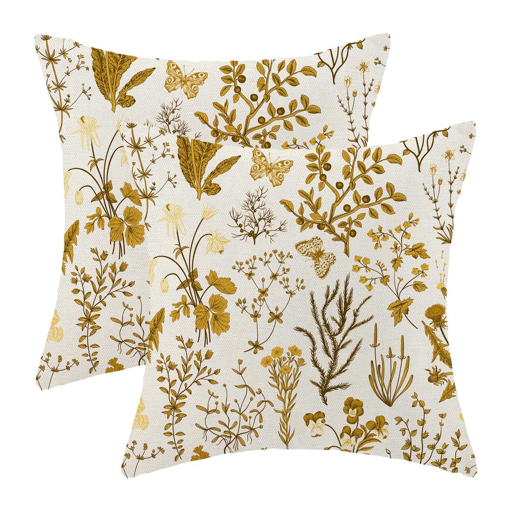 AEIOAE Summer Pillow Covers 20x20 Inch Set of 2,Mustard Yellow Wild Flower Plant Throw Pillows Case,Seasonal Floral Outdoor Decorative Square Linen Farmhouse Decor Cushion Covers for Home Couch