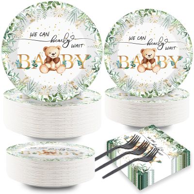 Naozinebi 200PCS Sage Green Bear Baby Shower Decoration Teddy Plates Napkins We Can Bearly Wait Paper Plates Greenery Bear Party Tableware Set for Gender Reveal Neutral Party Decor Supplies Serves 50