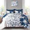 Anibedding Navy Floral Comforter Set Queen Size 7 Piece, Blue Flower Bed in a Bag, Elegant Botanical Floral Comforter Soft Microfiber Complete Bedding Set for All Season, (Navy Blue, 90"x90") view 1