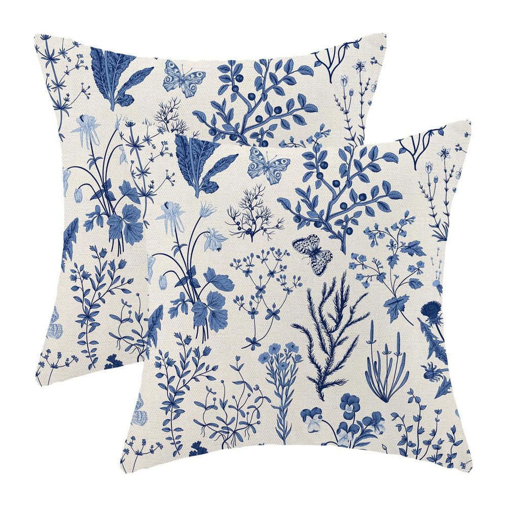 AEIOAE Summer Pillow Covers 20x20 Inch Set of 2,Navy Blue Wild Flower Plant Throw Pillows Case,Seasonal Floral Outdoor Decorative Square Linen Farmhouse Decor Cushion Covers for Home Couch Sofa Bed