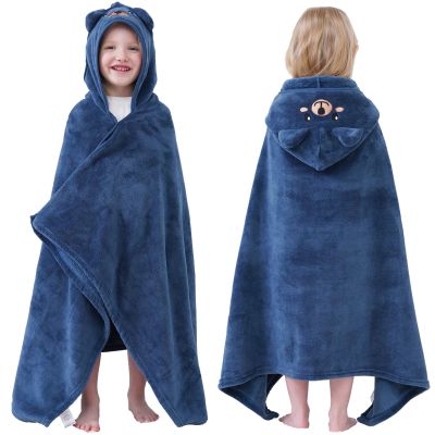 Hiturbo Kids Hooded Bath Towel: Soft Fleece Towel Blanket Cartoon Animal - Pool Beach Towels Wrap 50"x30" for Boys Girls 3-12 Yrs (Navy Bear)