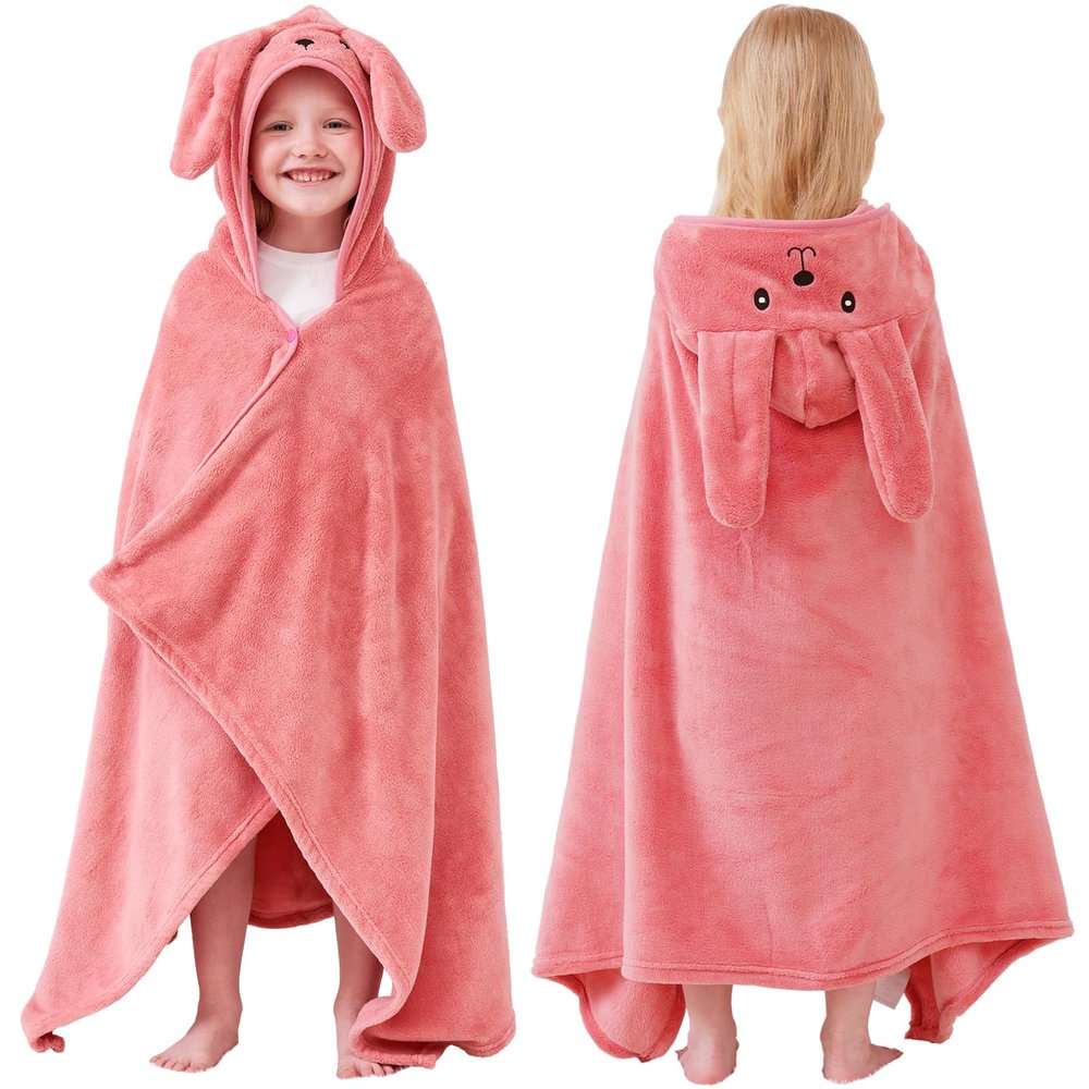 Hiturbo Kids Hooded Bath Towel: Soft Fleece Towel Blanket Cartoon Animal - Pool Beach Towels Wrap 50"x30" for Boys Girls 3-12 Yrs (Pink Rabbit)