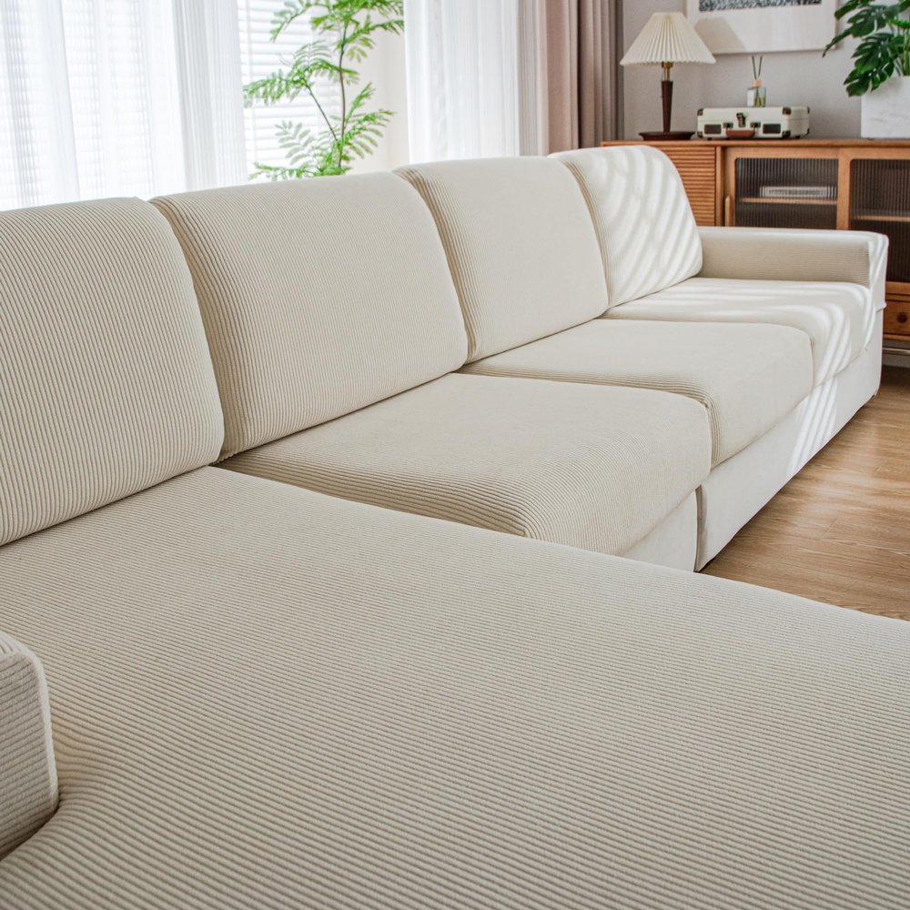 QIANMEW Couch Cushion Covers, Comfort Soft Magic Sofa Covers Washable Stretch Resistant Slipcovers for Sectional and L Shaped Seats Furniture Protectors for Pets (2 Seaters+1 Chaise, Ivory)