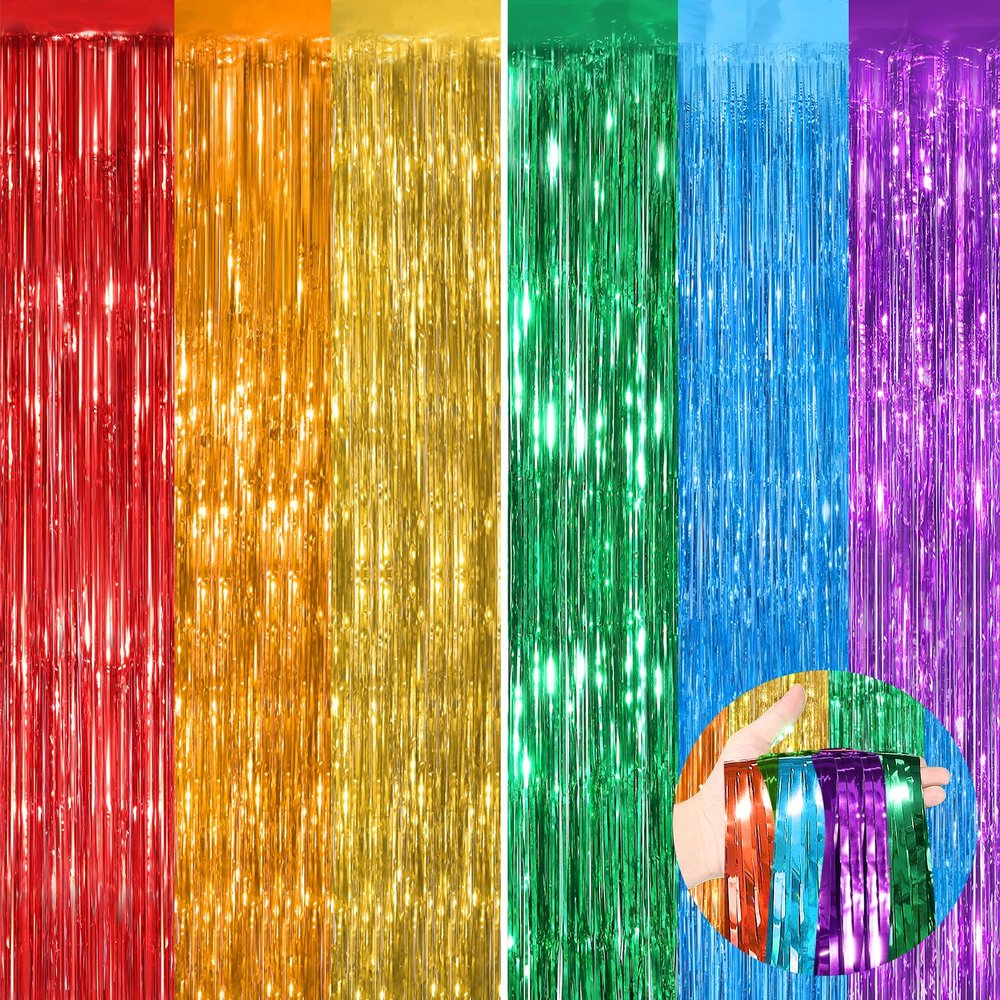 Rainbow Tinsel Backdrop Foil Fringe Curtains, 2 Pack Party Decor