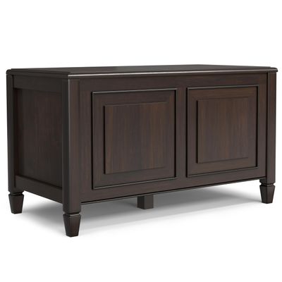 SIMPLIHOME Connaught Storage Bench - 36 inch Wide Solid Wood Small Trunk Bench in Chestnut Brown, Traditional Bench for Entryway with Lift-Up Lid and Dual Hidden Compartments