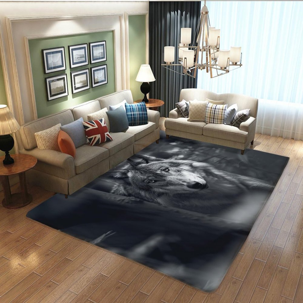 QZLFCAI Fierce Wolf Gaze Area Rug - Bedroom, Living Room, Playroom - 36 * 24 inches, Grey, Modern Art Animal Print Pattern, Soft, Comfortable
