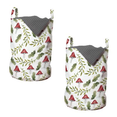Ambesonne Mushroom Laundry Bag Pack of 2, Watercolor Pattern Green Leaves Forest Elements Botanical Woodland Theme, Hamper Basket with Handles Drawstring Closure, 13" x 19", Green Ruby