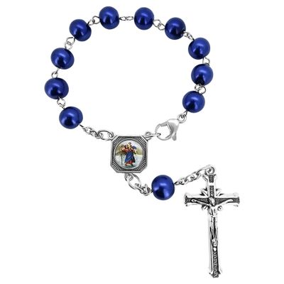 Saint Christopher Rosary for Car Rearview Mirror Glass Pearl Beads Catholic One Decade Auto Rosary for Women Men Religious Gift (Blue Car Rosary)