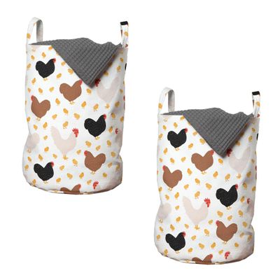 Ambesonne Hen and Chicks Laundry Bag Pack of 2, Farm Themed Continuous Pattern with Cartoon Domestic Birds and, Hamper Basket with Handles Drawstring Closure, 13" x 19", Black Brown