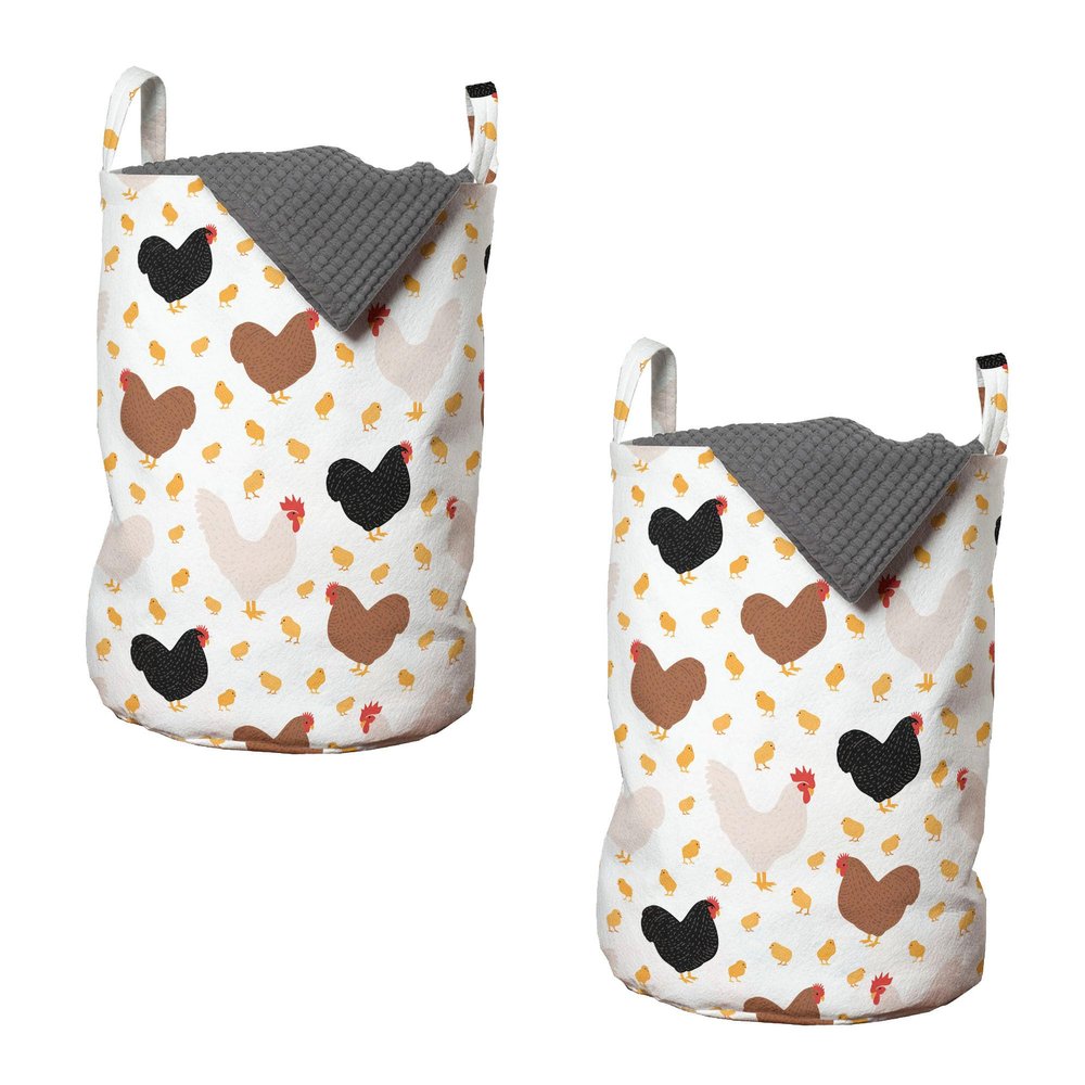 Ambesonne Hen and Chicks Laundry Bag Pack of 2, Farm Themed Continuous Pattern with Cartoon Domestic Birds and, Hamper Basket with Handles Drawstring Closure, 13" x 19", Black Brown