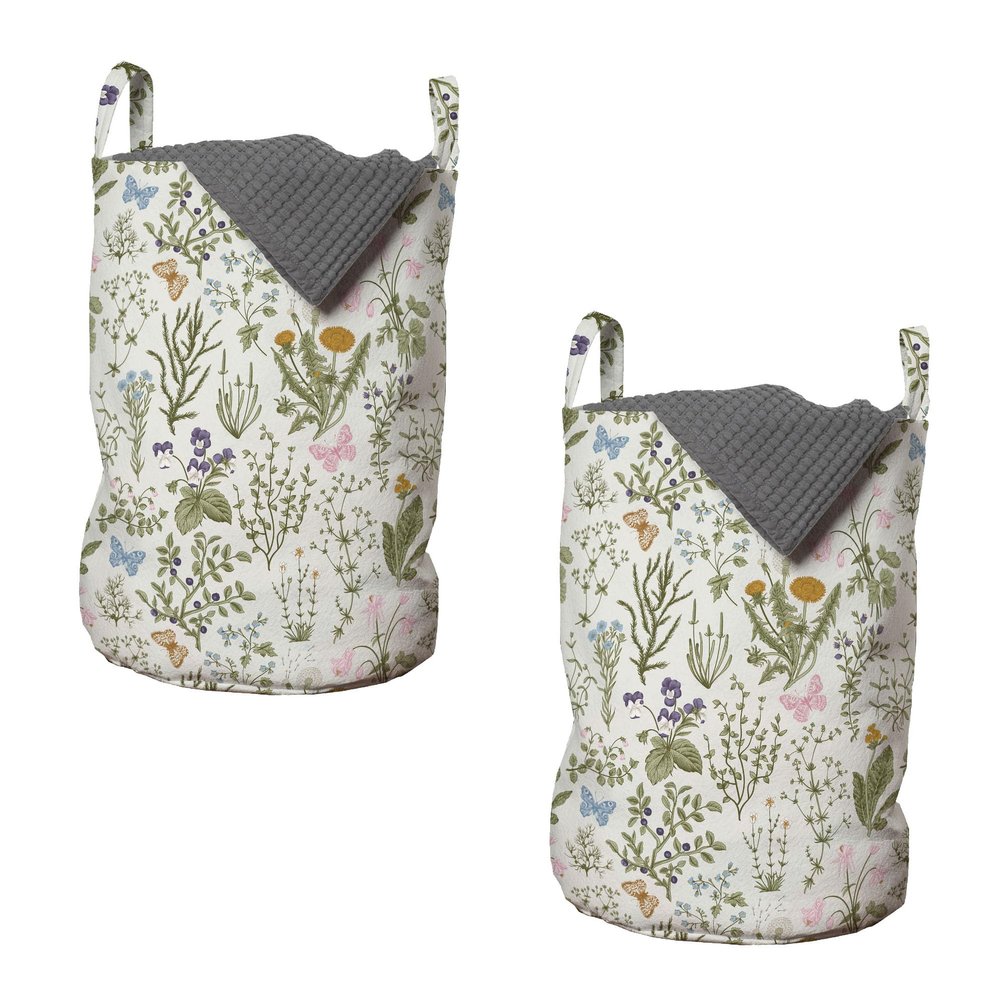 Ambesonne Floral Laundry Bag Pack of 2, Vintage Garden Plants Herbs Flowers Botanical Classic Design Art, Hamper Basket with Handles Drawstring Closure, 13" x 19", Reseda Green Beige