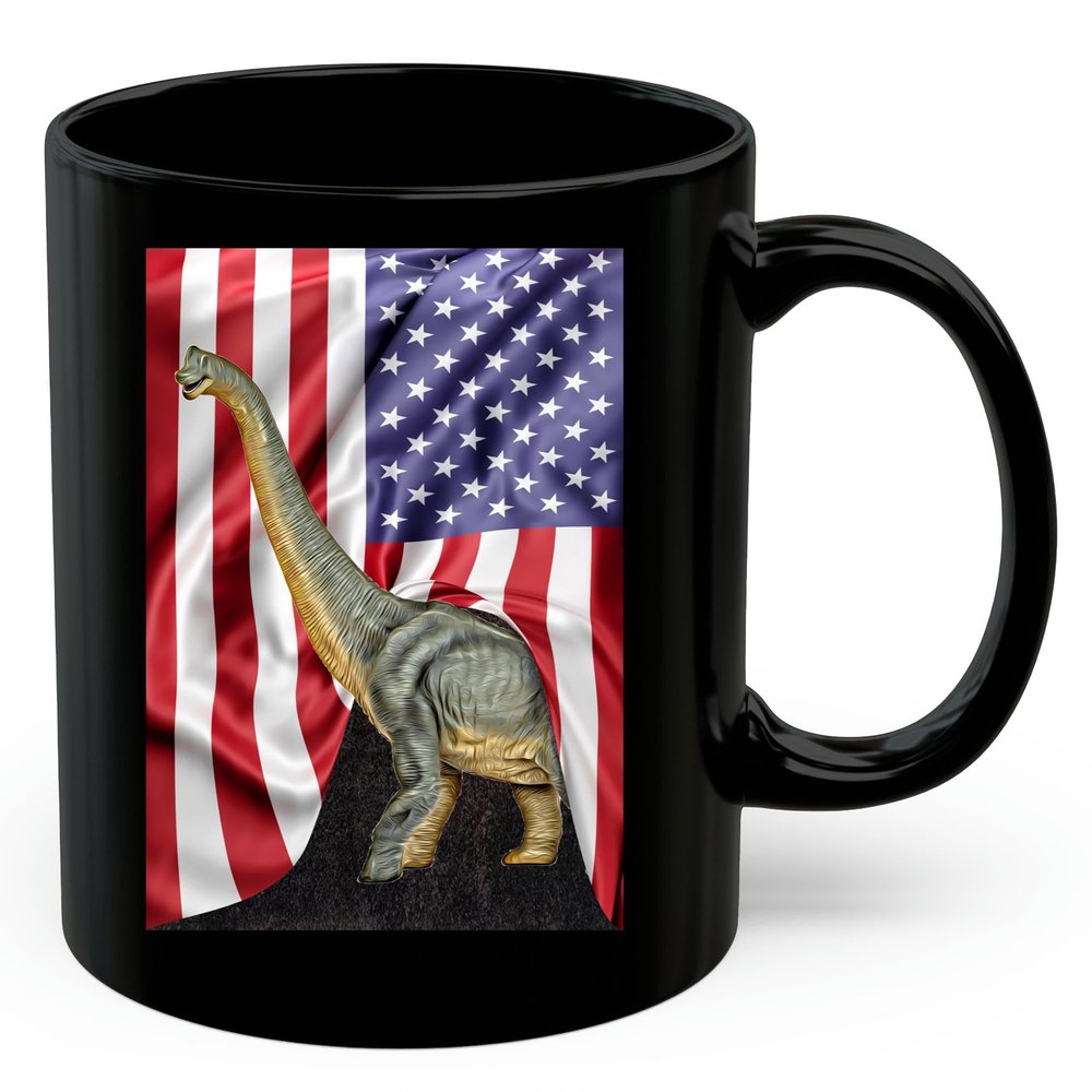 American Themed Design With Brachiosaurus Dinosaur Coffee Mug Black Ceramic 11oz Wild Animal Lover Gifts