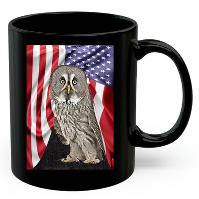 American Themed Design With Great Grey Owl Coffee Mug Black Ceramic 11oz Wild Animal Lover Gifts