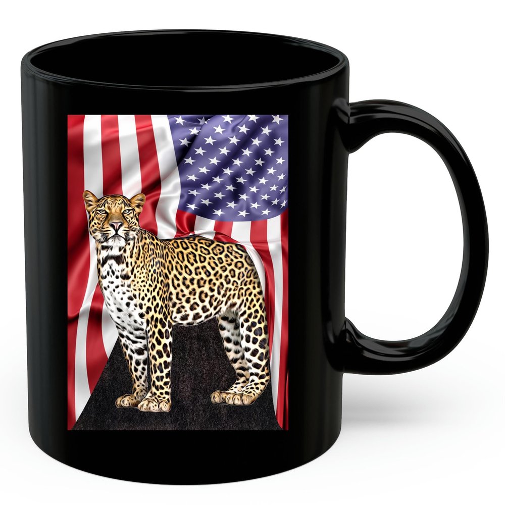 American Themed Design With Large Leopard Coffee Mug Black Ceramic 11oz Wild Animal Lover Gifts