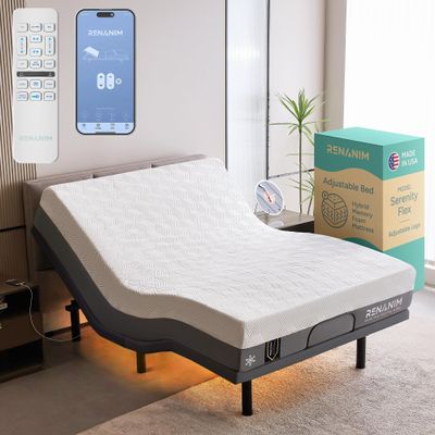 Renanim SF Full Electric Adjustable Bed Frame with 10" Hybrid Memory Foam Mattress - Adjustable Mattress Base with Electric Massage, USB, UnderBed Light & Wireless Remote