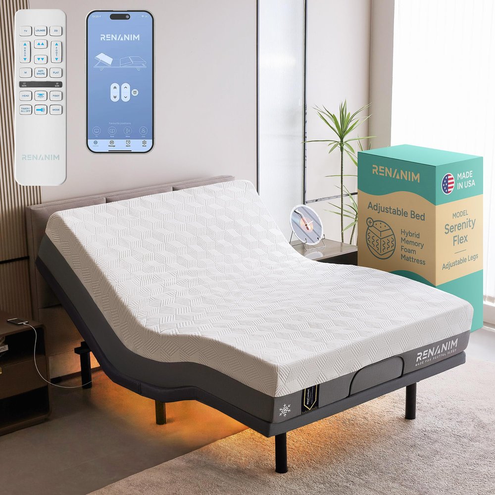 Renanim SF Full Electric Adjustable Bed Frame with 10" Hybrid Memory Foam Mattress - Adjustable Mattress Base with Electric Massage, USB, UnderBed Light & Wireless Remote