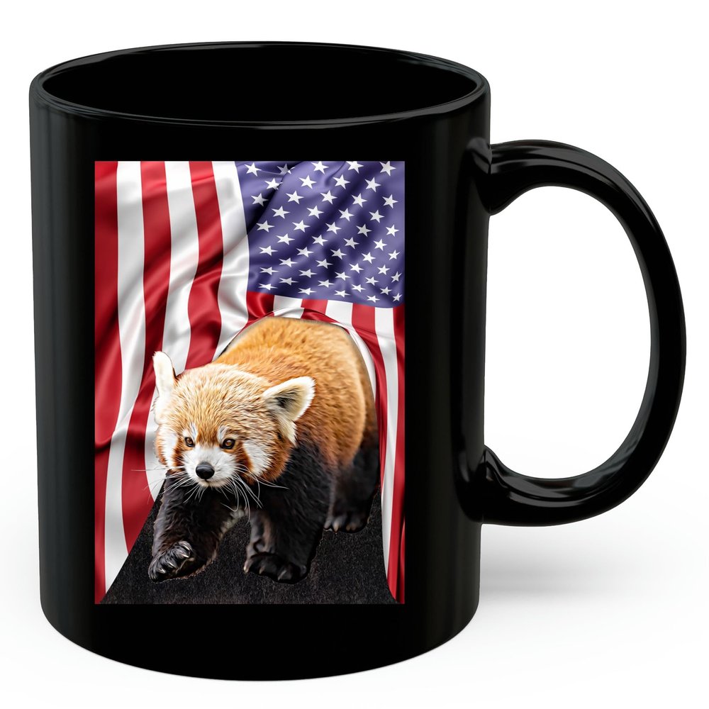 American Themed Design With Red Lesser Panda Coffee Mug Black Ceramic 11oz Wild Animal Lover Gifts
