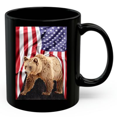 American Themed Design With Brown Bear Coffee Mug Black Ceramic 11oz Wild Animal Lover Gifts