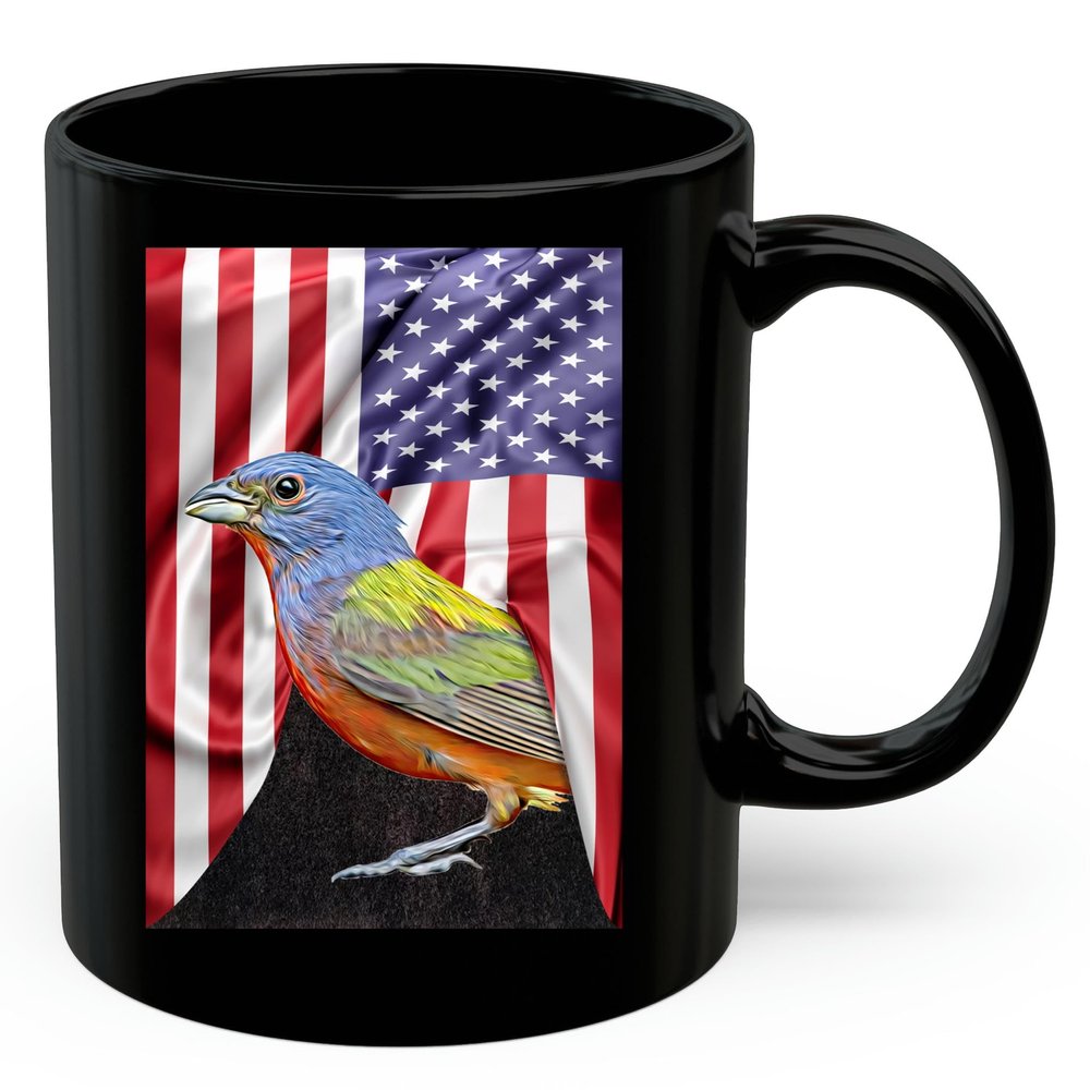 American Themed Design With Painted Bunting Cardinal Coffee Mug Black Ceramic 11oz Wild Animal Lover Gifts