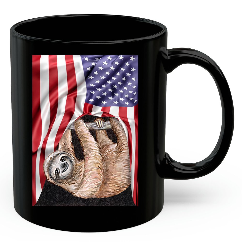 American Themed Design With Sloth Hanging Coffee Mug Black Ceramic 11oz Wild Animal Lover Gifts