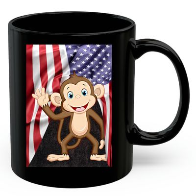 American Themed Design With Waving Monkey Coffee Mug Black Ceramic 11oz Wild Animal Lover Gifts