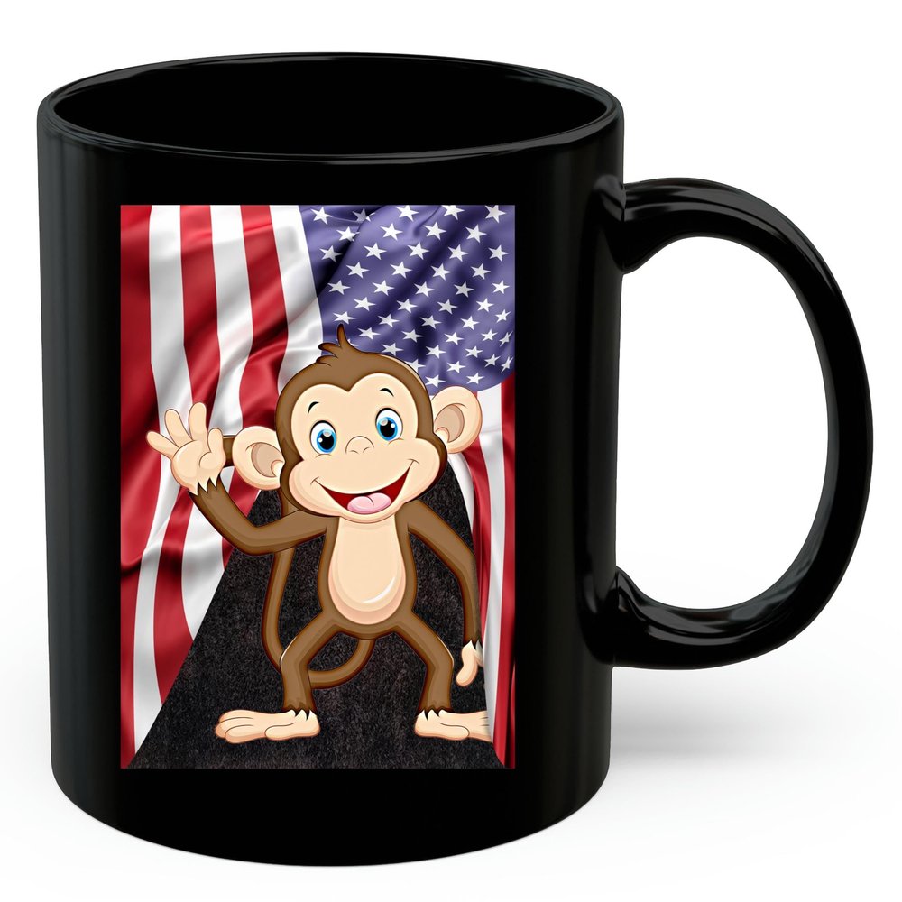 American Themed Design With Waving Monkey Coffee Mug Black Ceramic 11oz Wild Animal Lover Gifts