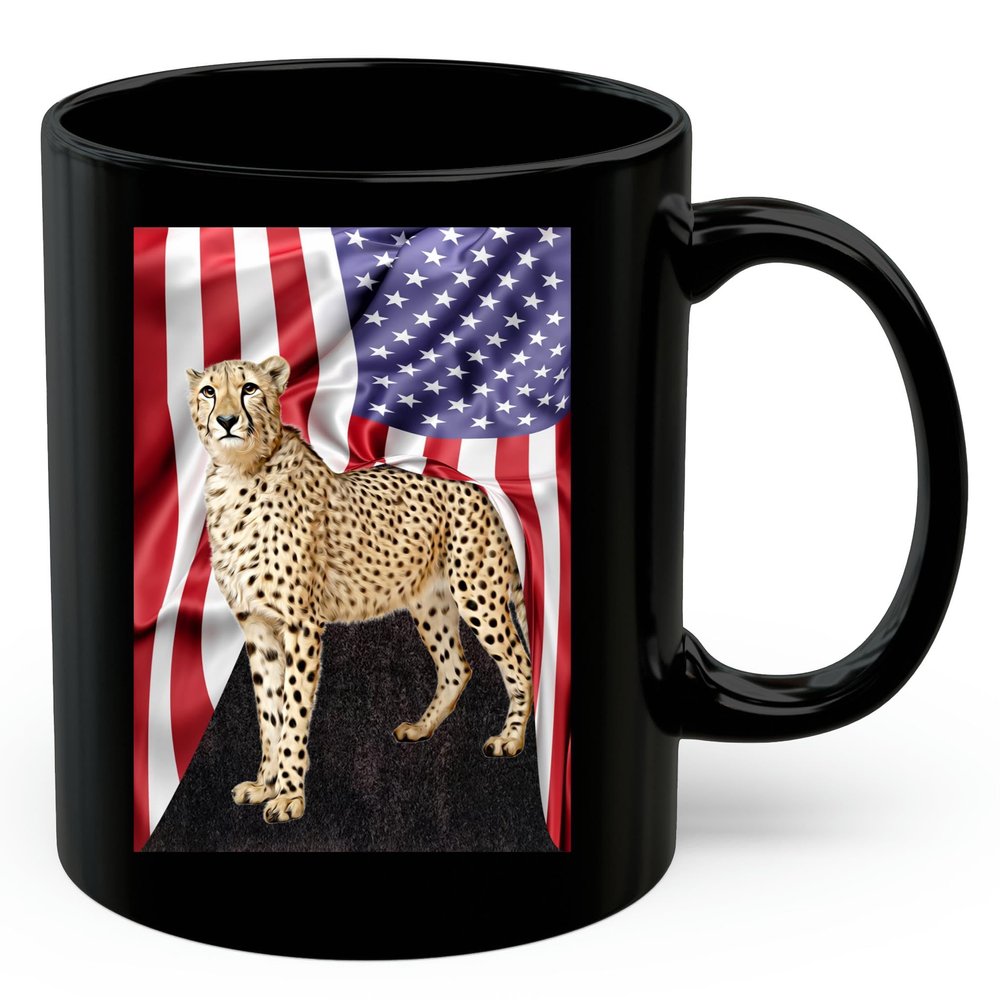 American Themed Design With Cheetah Standing Coffee Mug Black Ceramic 11oz Wild Animal Lover Gifts
