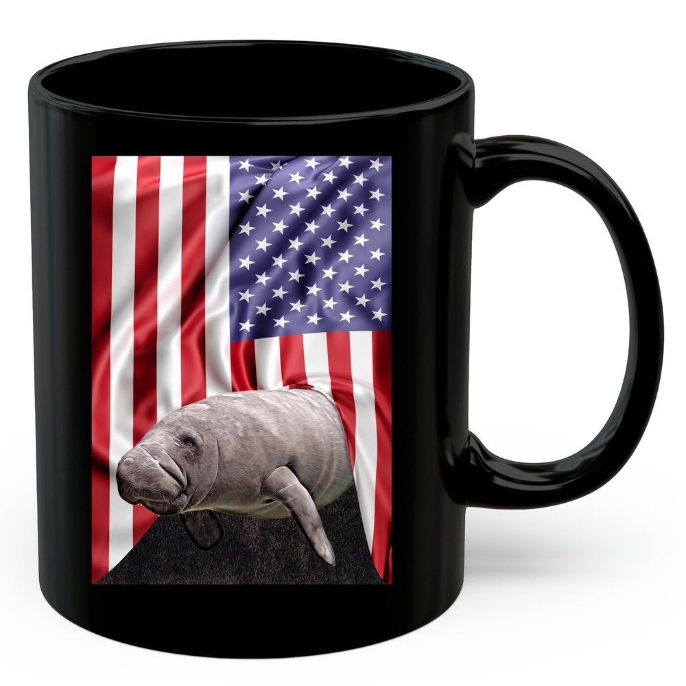 American Themed Design With Sea Cow Manatee Coffee Mug Black Ceramic 11oz Wild Animal Lover Gifts