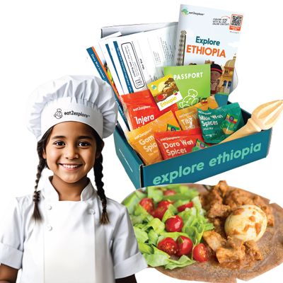 eat2explore Cooking Kits for Kids 14 Pcs  Interactive & Educational Kids Cooking Sets Real for Ages 5 and Up,3 Recipe Cards & Global Ingredients  Perfect for Families and Homeschooling (Ethiopia)