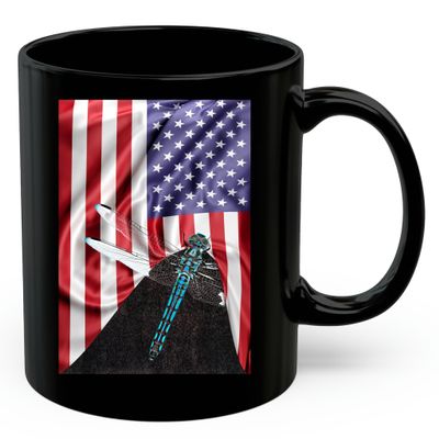 American Themed Design With Blue Dragonfly Coffee Mug Black Ceramic 11oz Wild Animal Lover Gifts