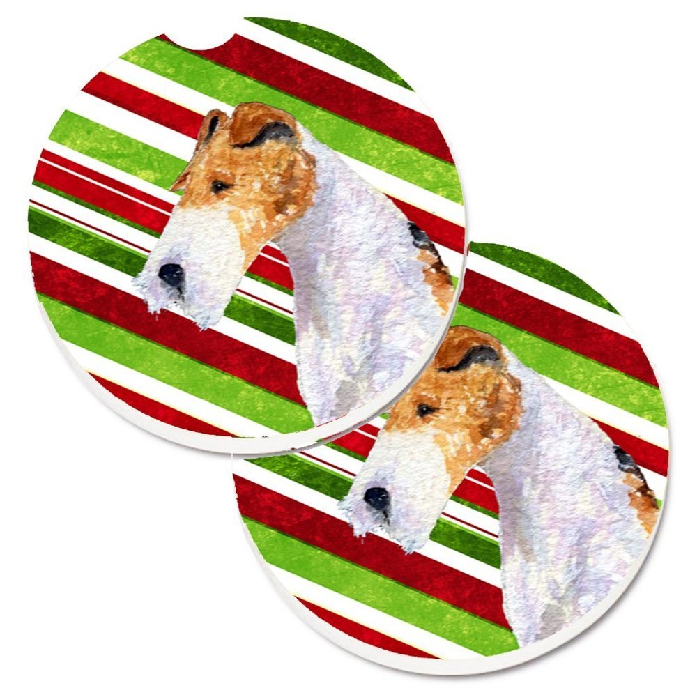 212 Main Fox Terrier Candy Cane Holiday Christmas Set of 2 Cup Holder Car Coaster