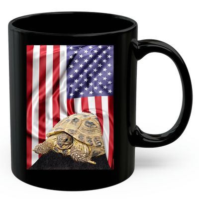 American Themed Design With Russian Tortoise Coffee Mug Black Ceramic 11oz Wild Animal Lover Gifts