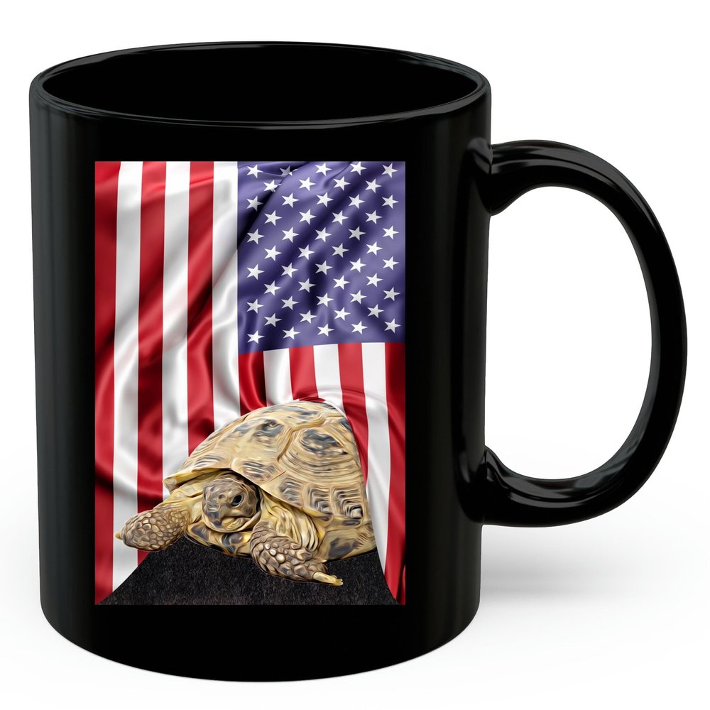 American Themed Design With Russian Tortoise Coffee Mug Black Ceramic 11oz Wild Animal Lover Gifts