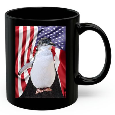 American Themed Design With Little Penguin Coffee Mug Black Ceramic 11oz Wild Animal Lover Gifts