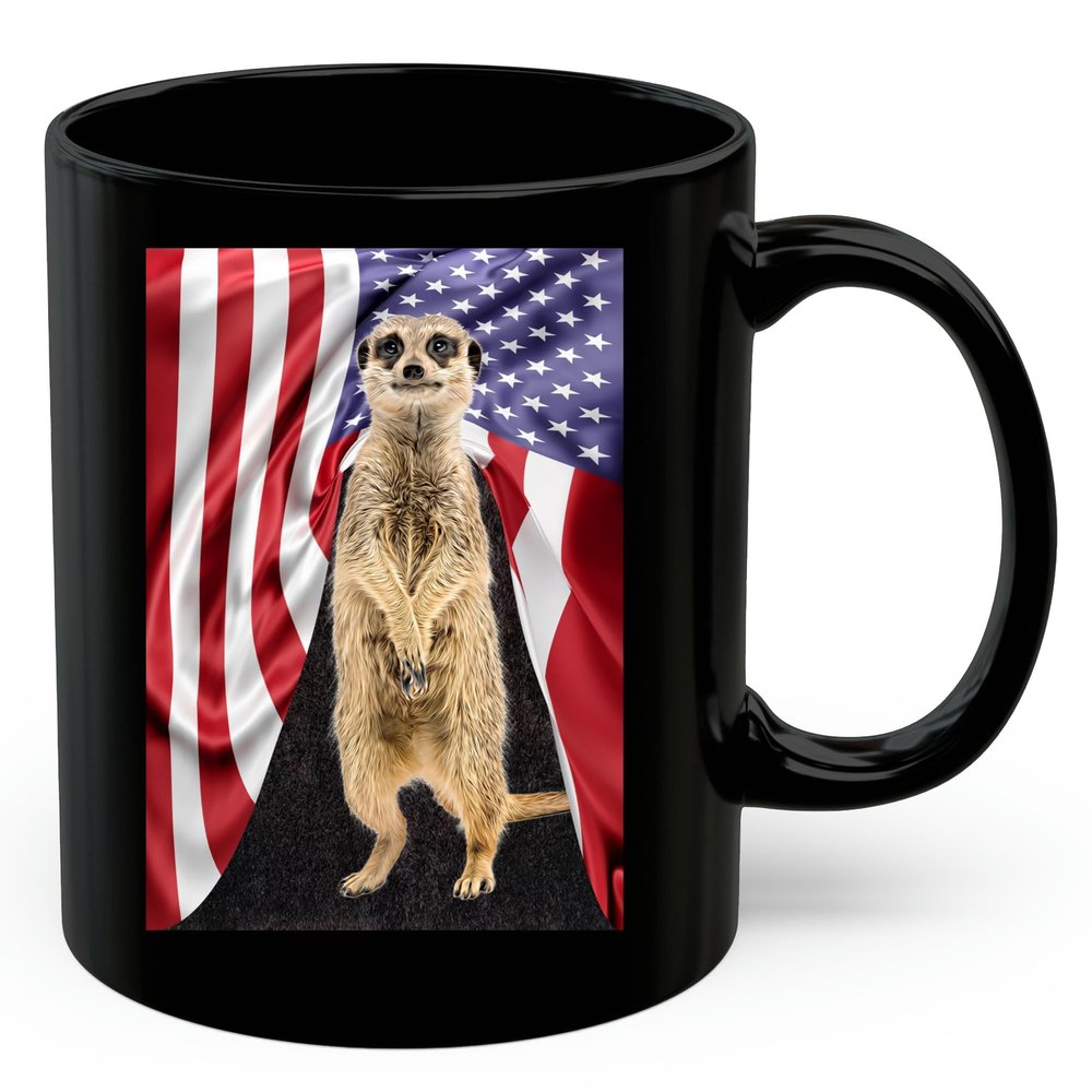 American Themed Design With Standing Meerkat Coffee Mug Black Ceramic 11oz Wild Animal Lover Gifts